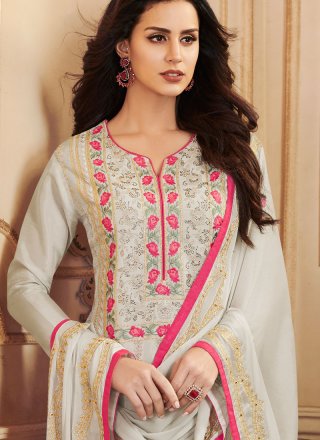 Embroidered Work Grey Fancy Fabric Churidar Suit