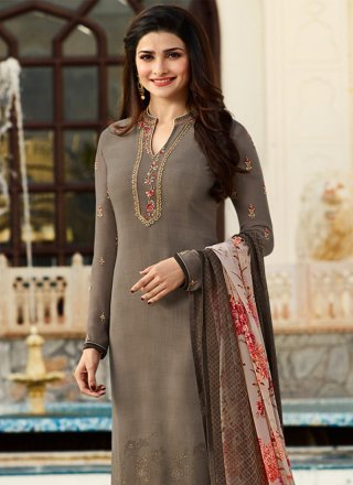 Embroidered Work Grey Faux Crepe Salwar Suit
