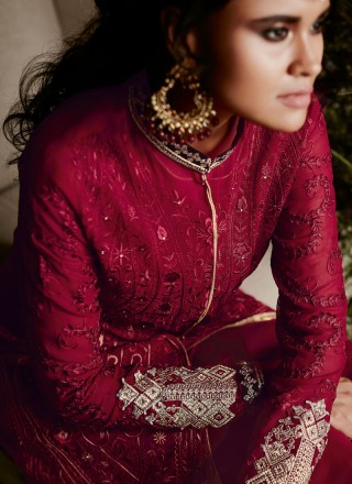 Embroidered Work Maroon Faux Georgette Straight Salwar Suit