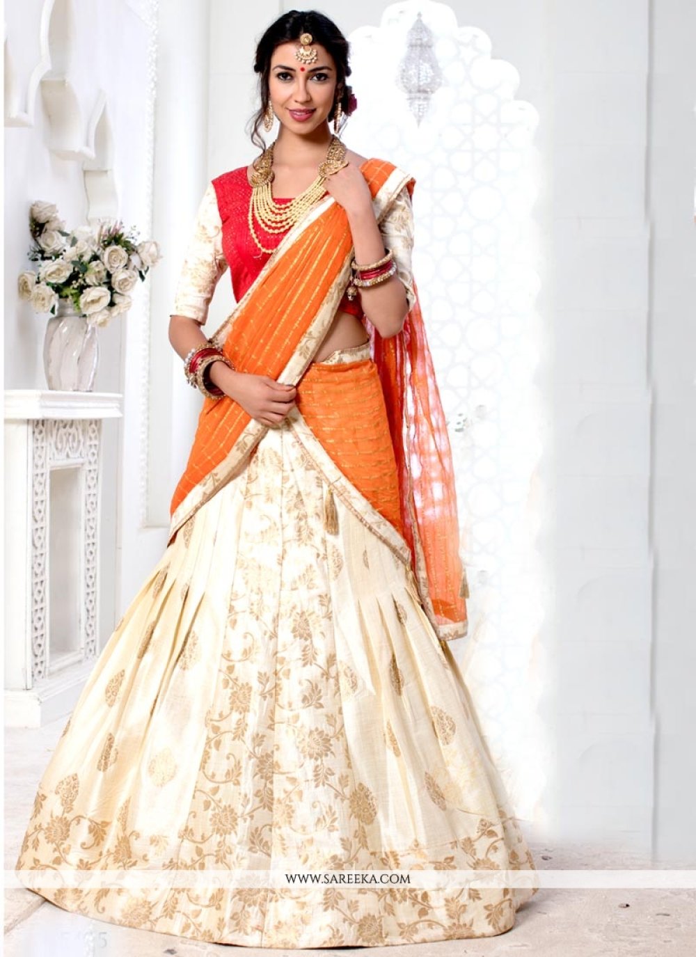 Pearl White Georgette Gaji Silk Lucknowi Worked and Bandhej Weave Layered  Lehenga
