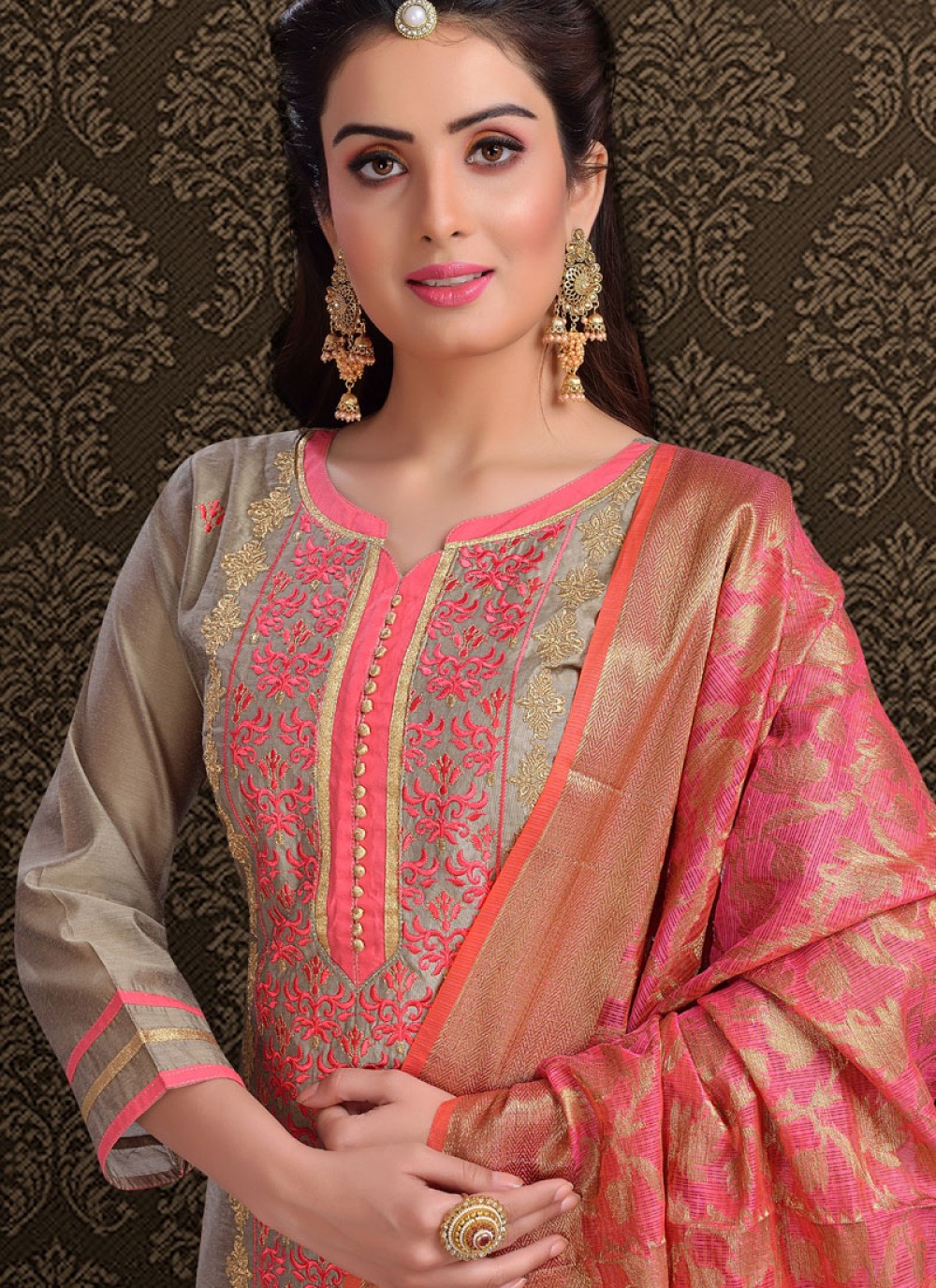 Buy Embroidered Work Pink Chanderi Churidar Designer Suit : 70541