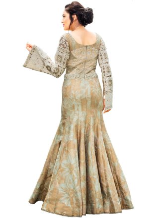 Fancy Fabric Beige Embroidered Work Readymade Gown 