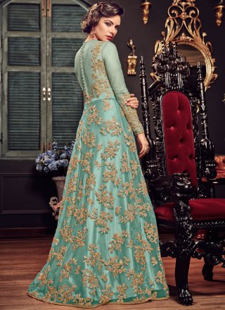 Fancy Fabric Embroidered Floor Length Anarkali Suit in Sea Green