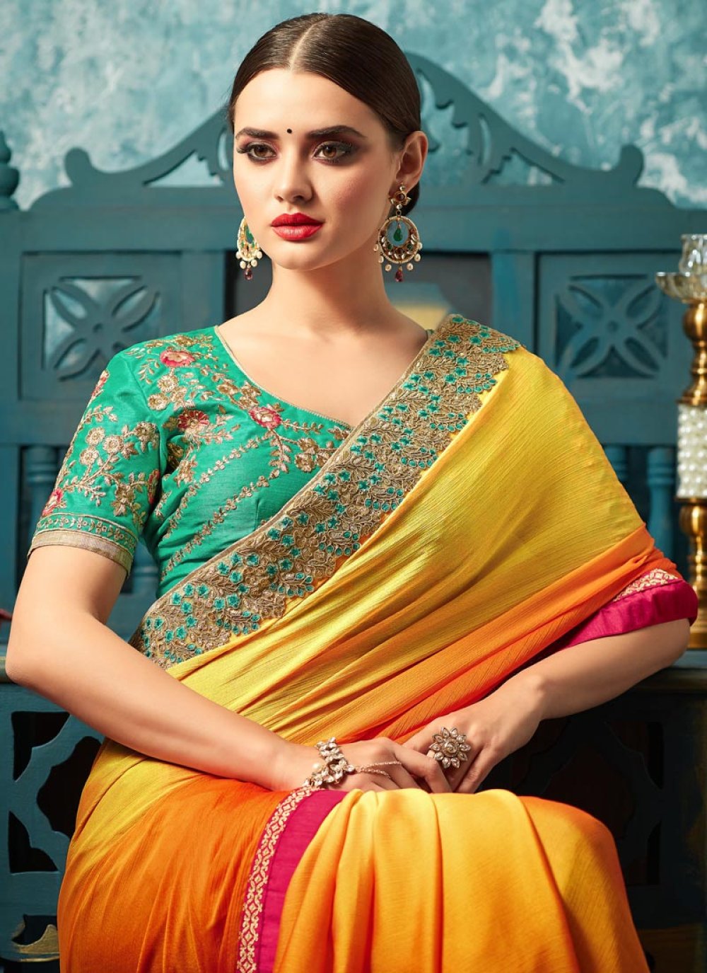 Faux Chiffon Orange and Yellow Embroidered Work Shaded Saree buy online