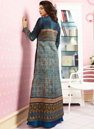 Faux Crepe Blue and Multi Colour Floor Length Kurti