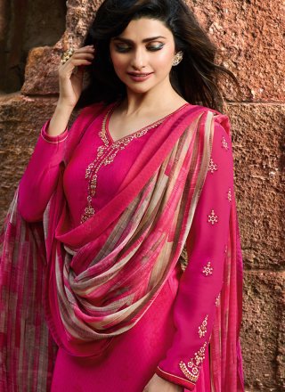 Faux Crepe Embroidered Churidar Salwar Suit in Hot Pink