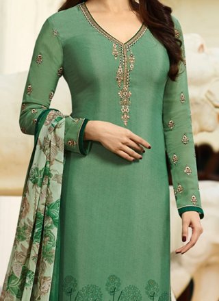 Faux Crepe Green Embroidered Work Salwar Suit