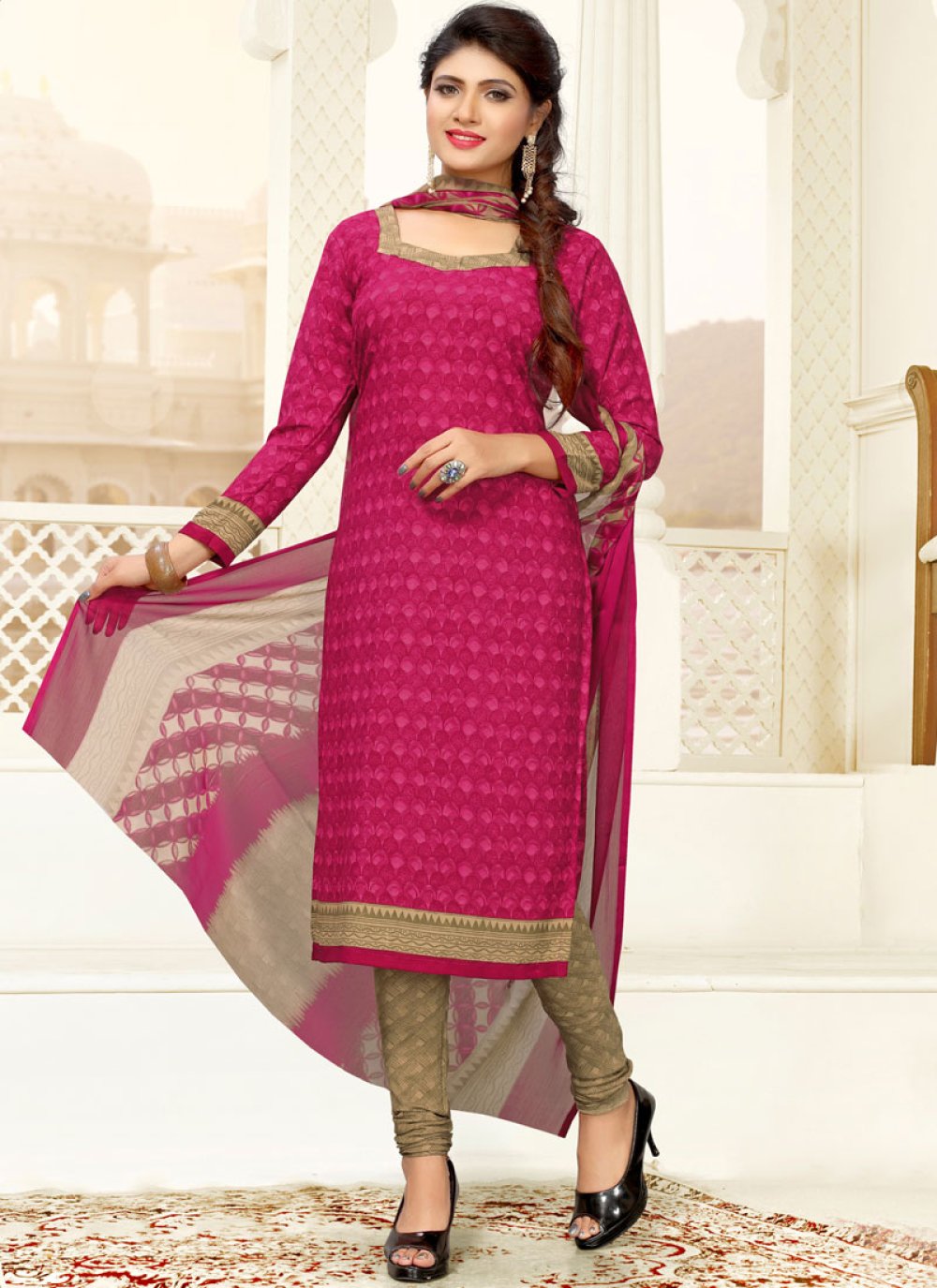 Buy Faux Crepe Salwar Kameez in Hot Pink Online