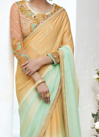 Faux Georgette Beige and Sea Green Shaded Saree