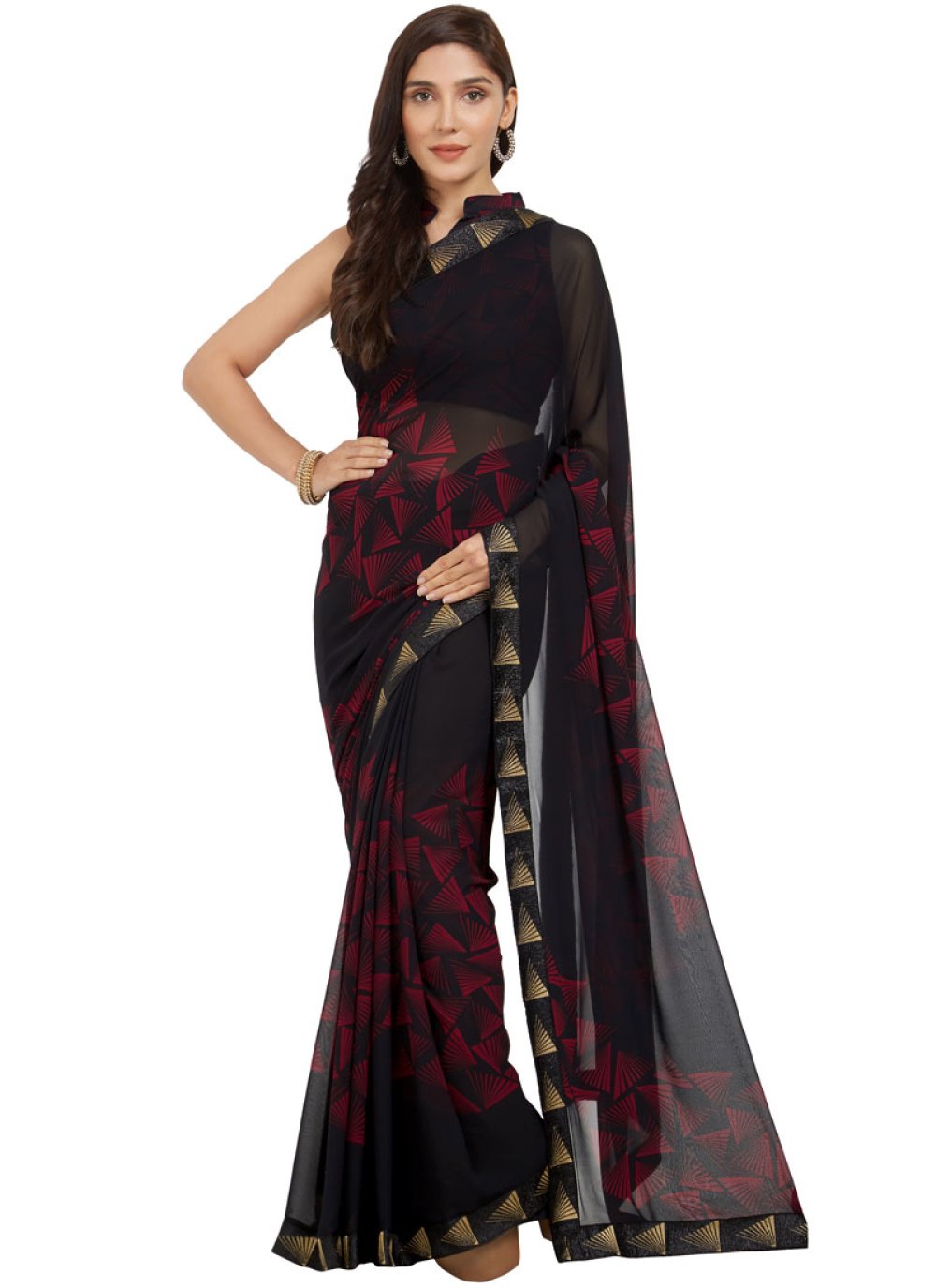 Faux Georgette Black and Red Casual Saree