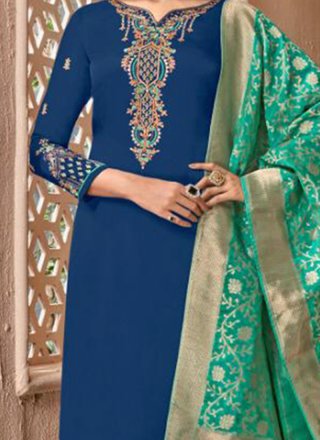 Faux Georgette Blue and Sea Green Designer Palazzo Suit