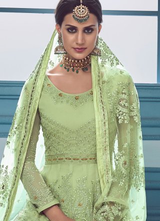 Faux Georgette Embroidered Green Anarkali Suit