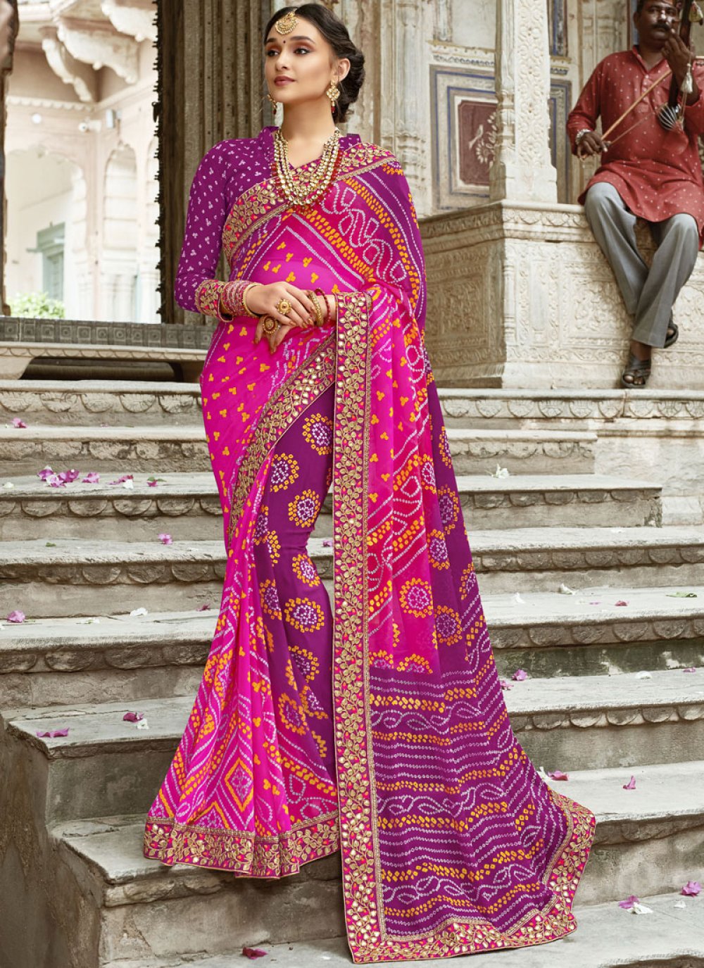 Buy Online Faux Georgette Printed Saree in Hot Pink and Purple : 93753