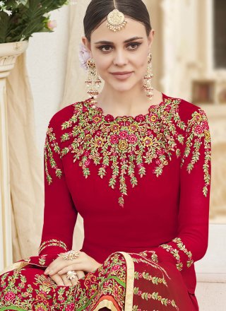 Faux Georgette Red Designer Straight Suit