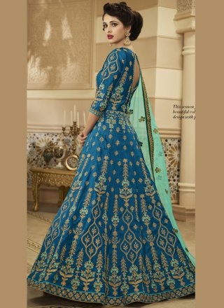 Floor Length Anarkali Suit Zari Art Silk in Blue