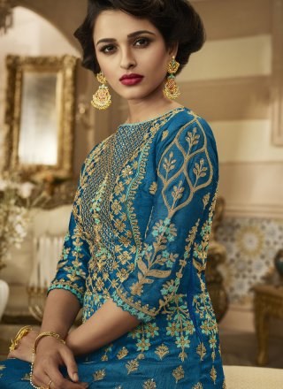 Floor Length Anarkali Suit Zari Art Silk in Blue
