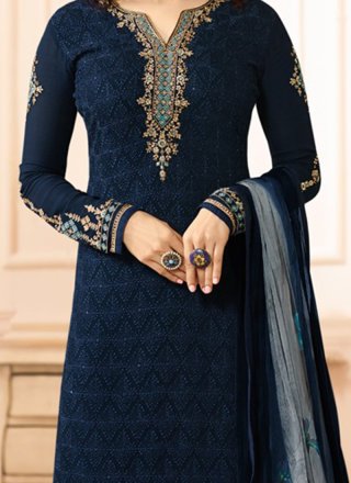 Georgette Navy Blue Embroidered Work Salwar Suit