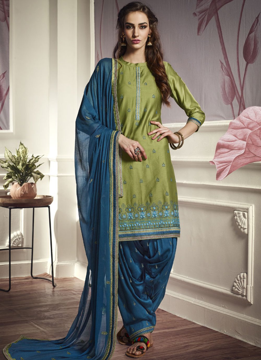 Buy Green Color Soft Net Fabric Sharara Suit For Mehndi Online