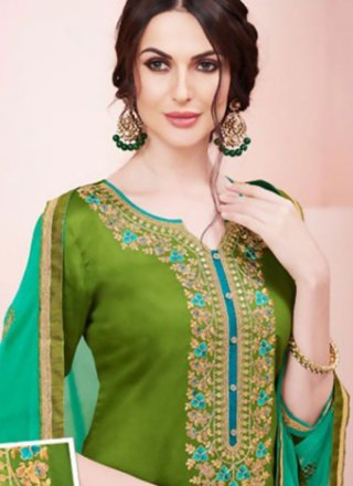Green Resham Work Cotton   Designer Patiala Suit