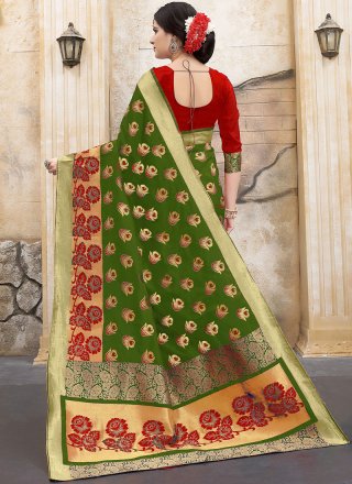 Green Weaving Work Art Silk Traditional  Saree