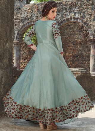 Grey Embroidered Art Silk Readymade Anarkali Suit