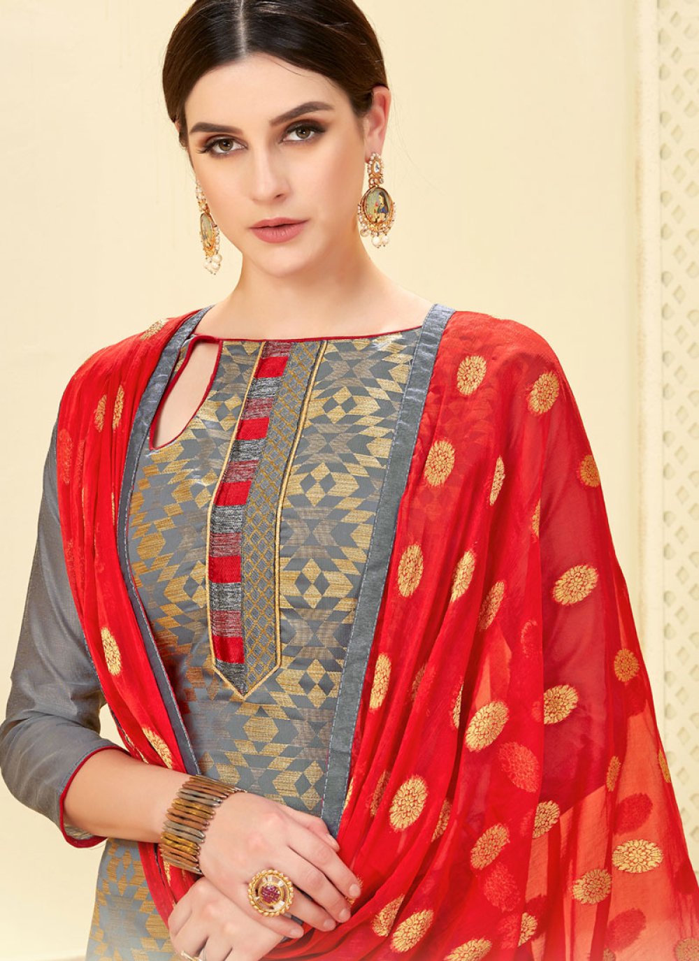 Shop Grey Weaving Churidar Suit Online 96073