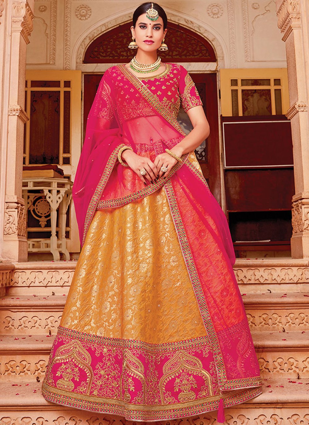 hot pink and orange jacquard silk bridal lehenga choli 89360