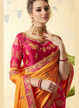 Hot Pink and Yellow Embroidered Art Silk Designer Half N Half Saree