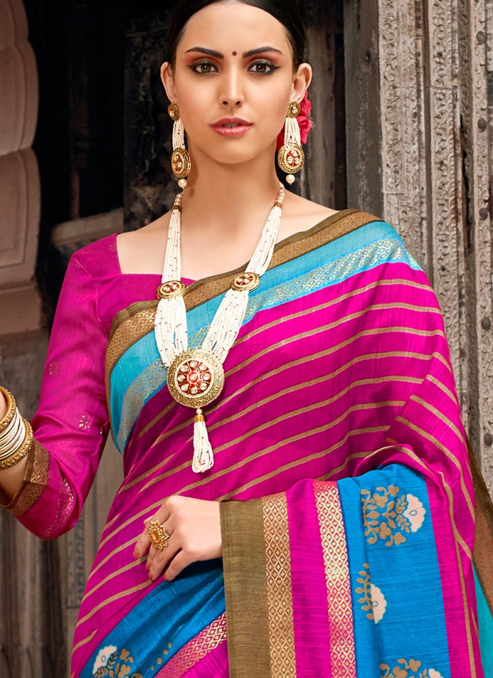 Hot Pink Digital Print Traditional Saree buy online