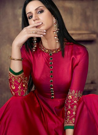 Hot Pink Embroidered Tafeta Silk Readymade Anarkali Suit