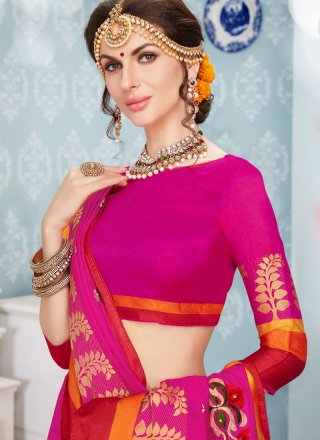 Hot Pink Embroidered Work Traditional  Saree