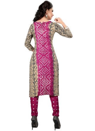 Hot Pink Print Work Cotton Satin Churidar Suit