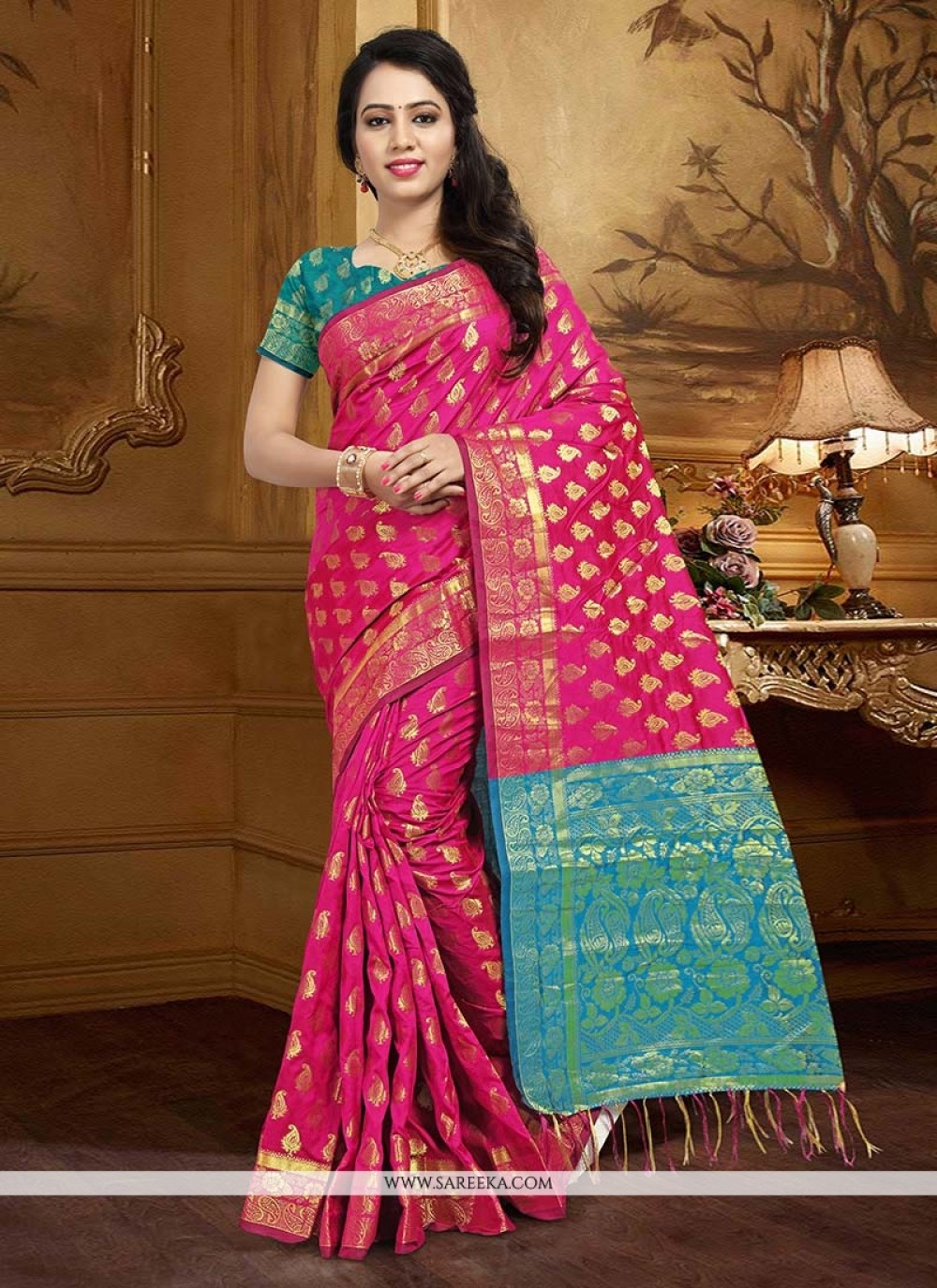 Hot Pink Weaving Work Traditional Designer Saree