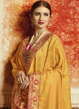 Jacquard Hot Pink and Yellow Designer Half N Half Saree