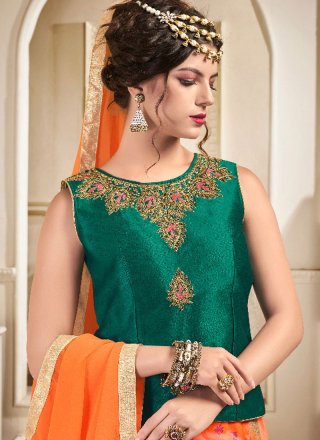 Jacquard Silk Abstract Print Trendy Lehenga Choli in Green and Orange