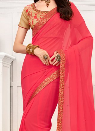 Lace Faux Chiffon Casual Saree in Pink