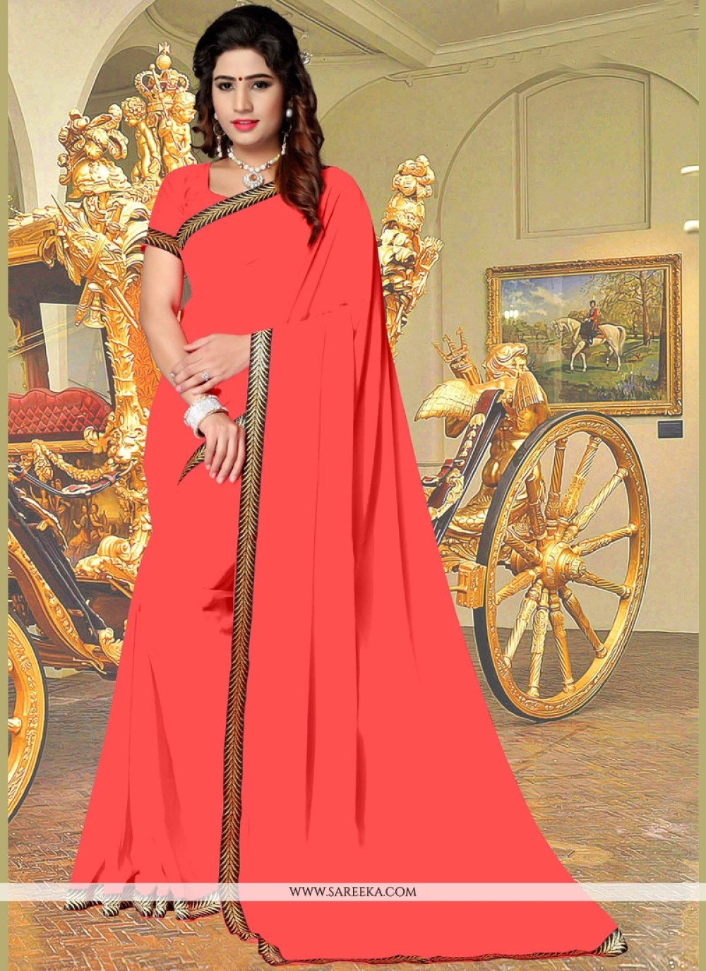 Lace Work Red Casual Saree
