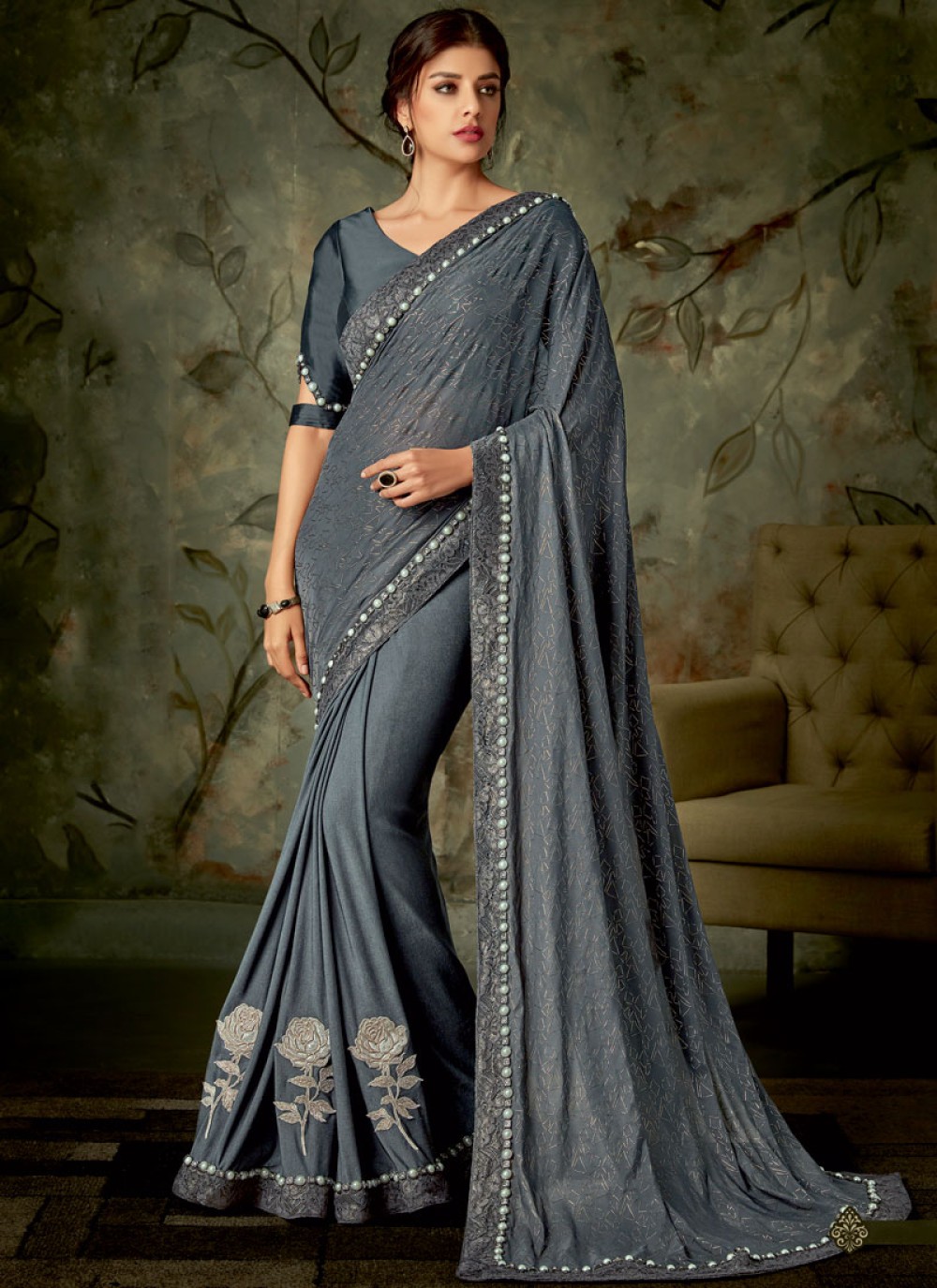 Lycra Grey Classic Saree buy online 