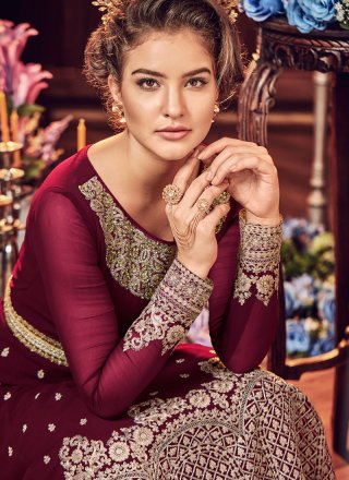 Maroon Embroidered Fancy Fabric Floor Length Anarkali Suit