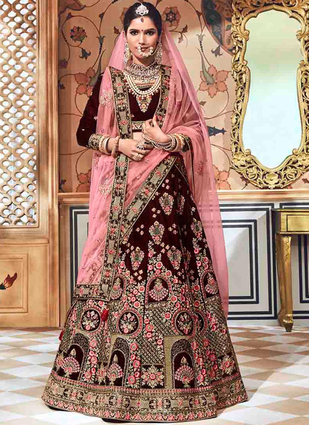Maroon velvet embroidered bridal lehenga choli 8123 | Bridal lehenga choli,  Lehenga choli, Lehenga choli online