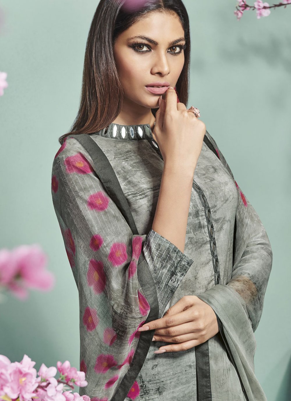 Buy Mirror Work Grey Cotton Palazzo Salwar Kameez Online
