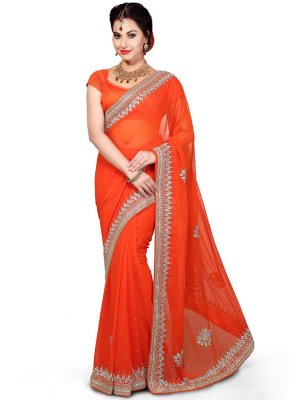 Moti Work Orange Classic Designer Saree