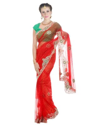 Moti Work Red Net Classic Designer Saree