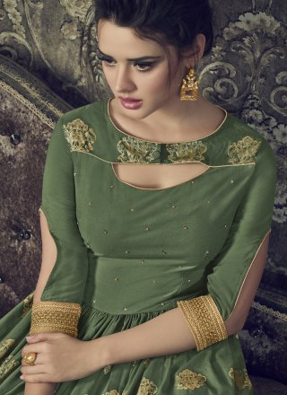 Muslin Embroidered Green Floor Length Anarkali Suit