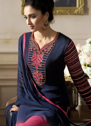 Navy Blue and Pink Faux Georgette Embroidered Pant Style Suit