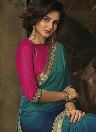 Navy Blue and Sea Green Patch Border Work Art Silk Shaded Saree