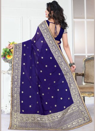 Navy Blue Border Work Work Georgette Contemporary Saree