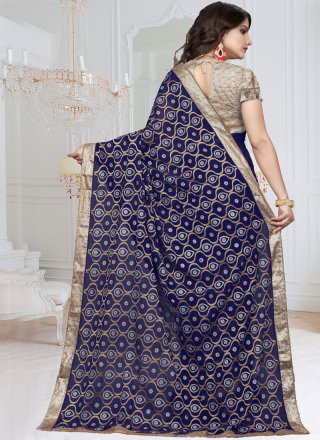 Navy Blue Embroidered Work Classic Saree