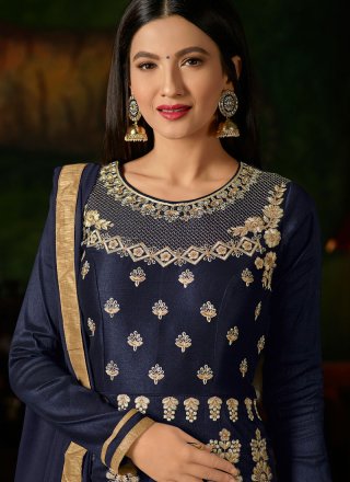 Navy Blue Thread Malbari Silk  Anarkali Salwar Suit