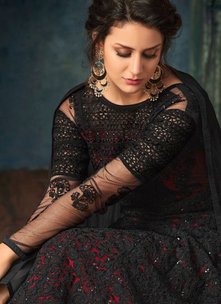 Net Black and Red Embroidered Anarkali Salwar Suit